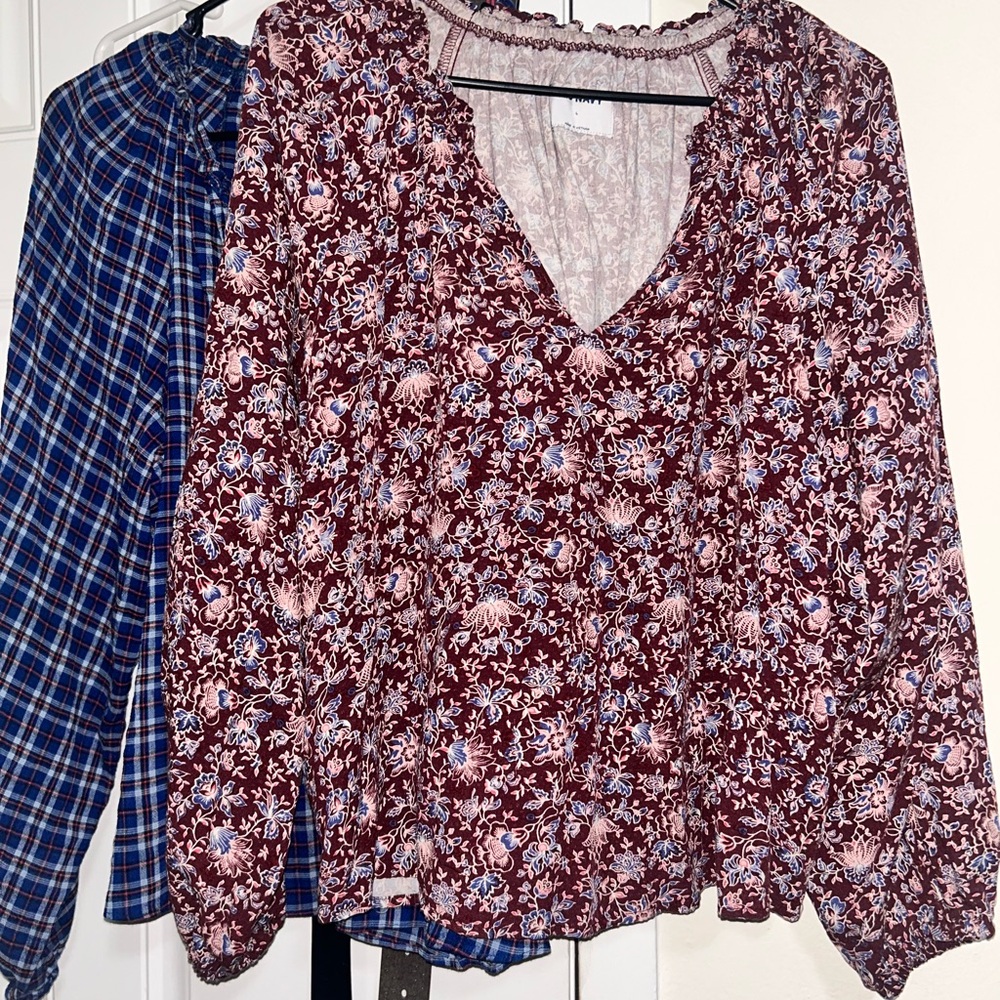 Bundle of 2 Old Navy Women's Burgundy Floral & Blue Plaid Peasant Blouse